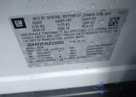 2018 Chevrolet Equinox Premier z USA, uszkodzony, nr VIN 2GNAXVEV8J6234355